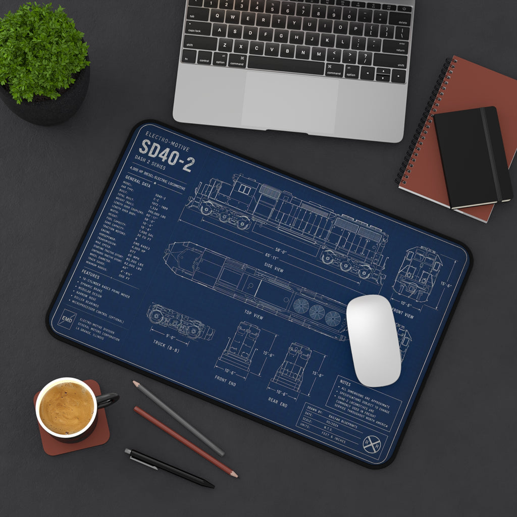 Blueprint Train Desk Mat — SD40-2 Locomotive