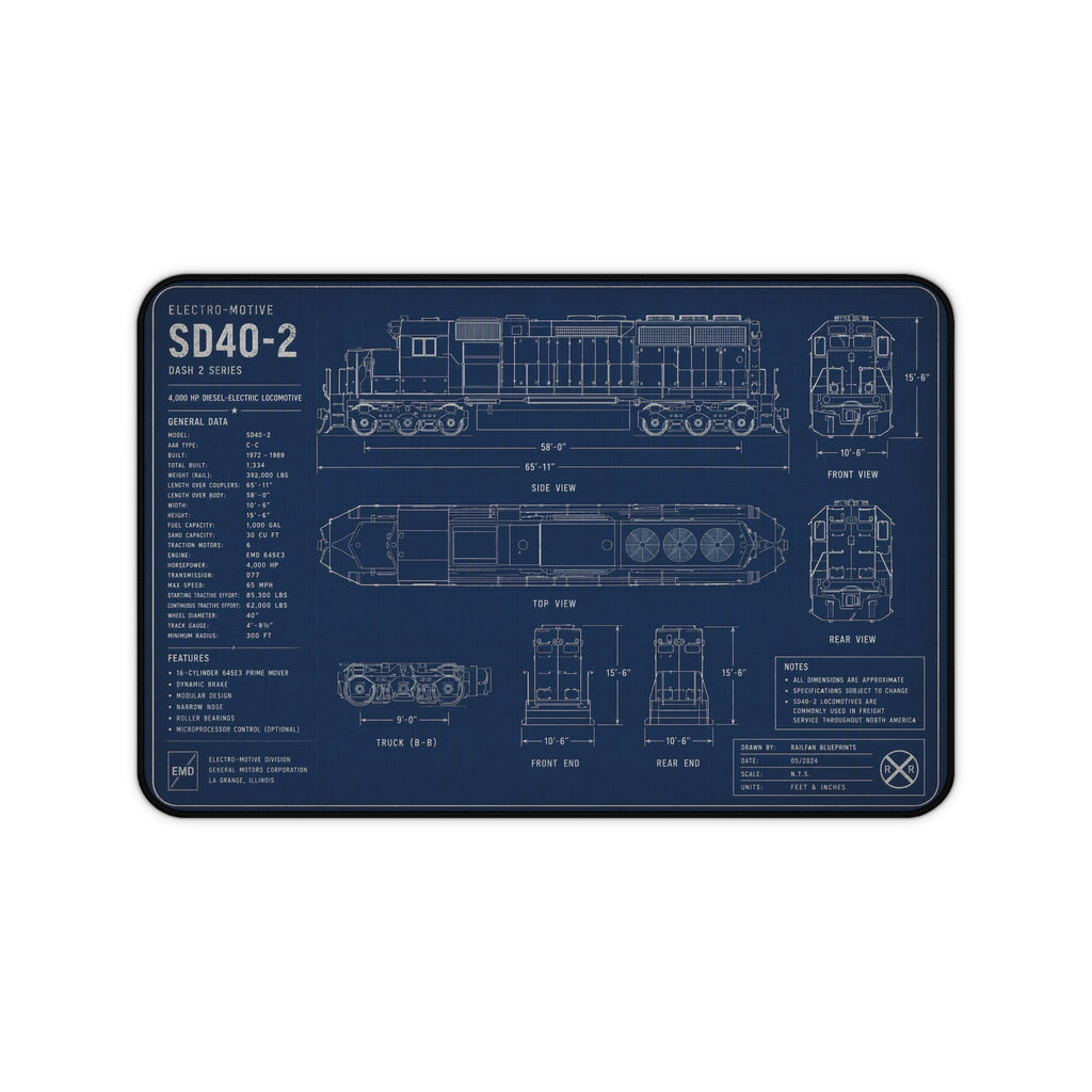 Blueprint Train Desk Mat — SD40-2 Locomotive
