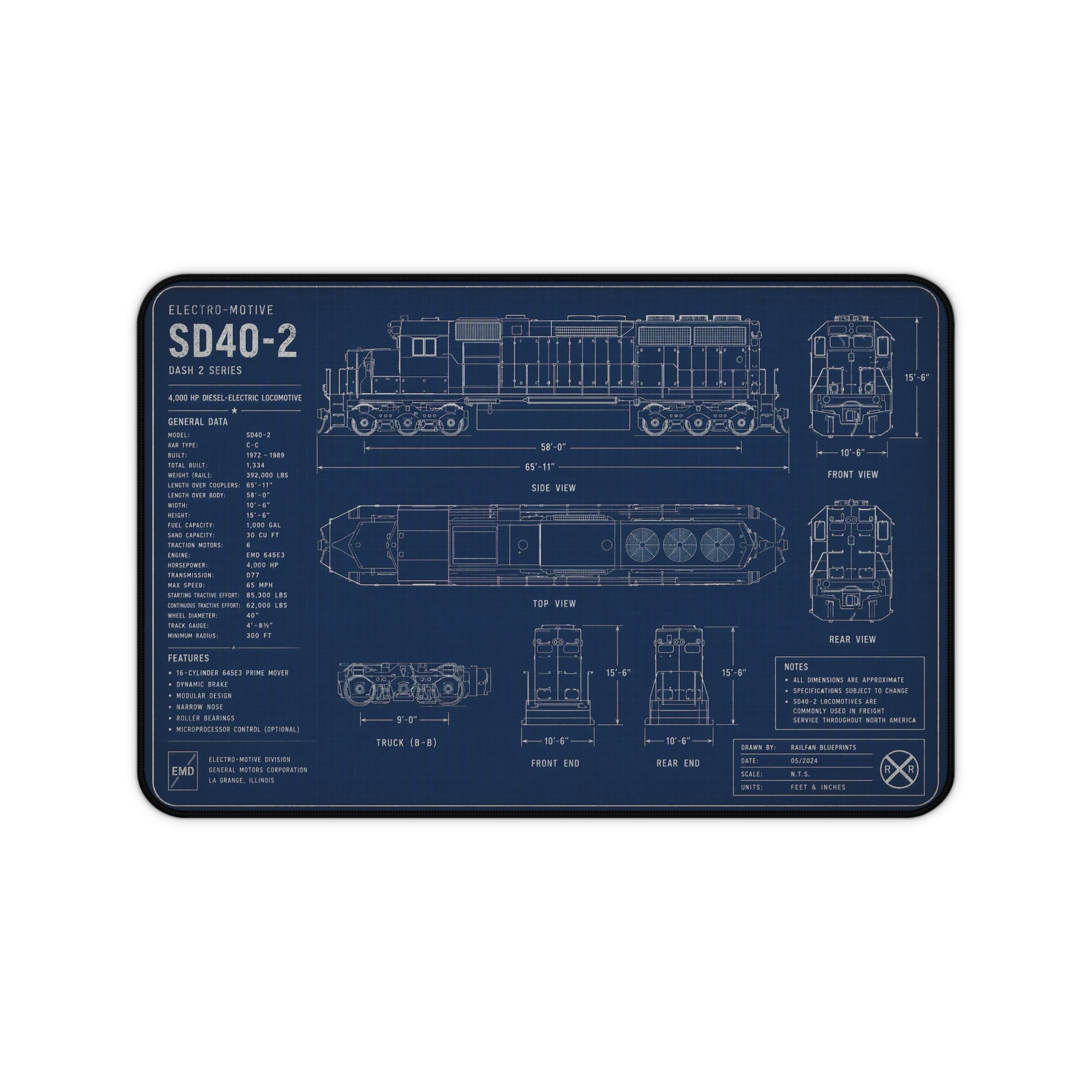 Blueprint Train Desk Mat — SD40-2 Locomotive