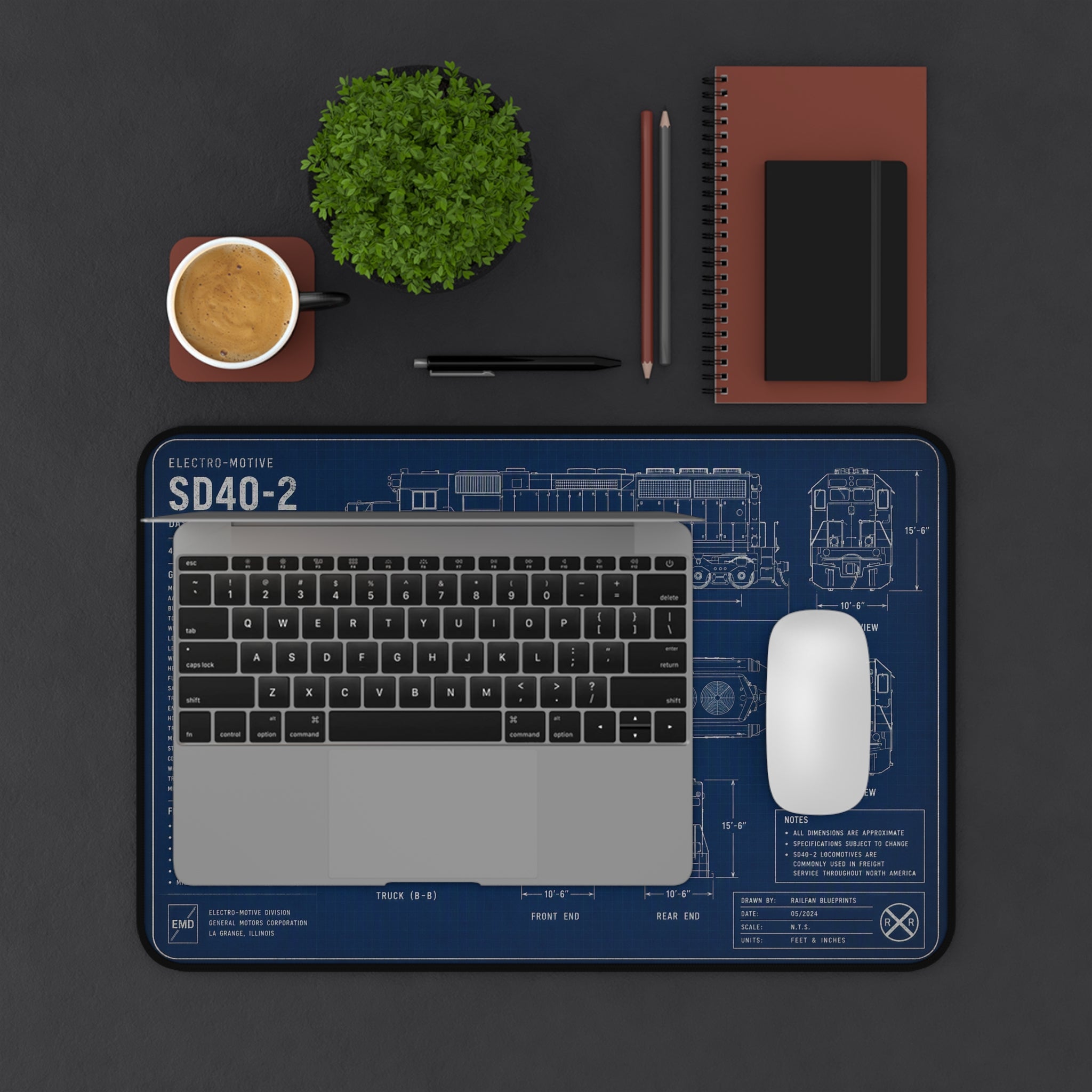 Blueprint Train Desk Mat — SD40-2 Locomotive